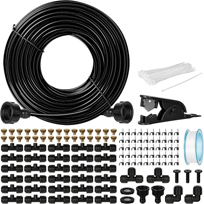 OnBrand 100FT Misters for Outside Patio with 3/4" Adapter and 2 T-Joints | Misting System, Patio Water Misters for Cooling Outdoor, with 30 Brass Nozzles and Filter, for Greenhouse Trampoline Coop BBQ