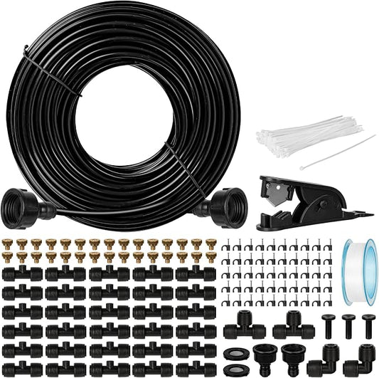 OnBrand 100FT Misters for Outside Patio with 3/4" Adapter and 2 T-Joints | Misting System, Patio Water Misters for Cooling Outdoor, with 30 Brass Nozzles and Filter, for Greenhouse Trampoline Coop BBQ