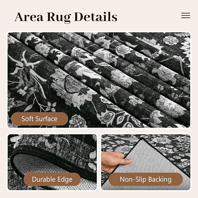 6x9 Ft Large Area Rugs for Living Room, Soft Non-Slip Machine Washable Rug, Vintage Stain Resistant Carpets for Bedroom Nursery Dining Room Home Decor (Black)