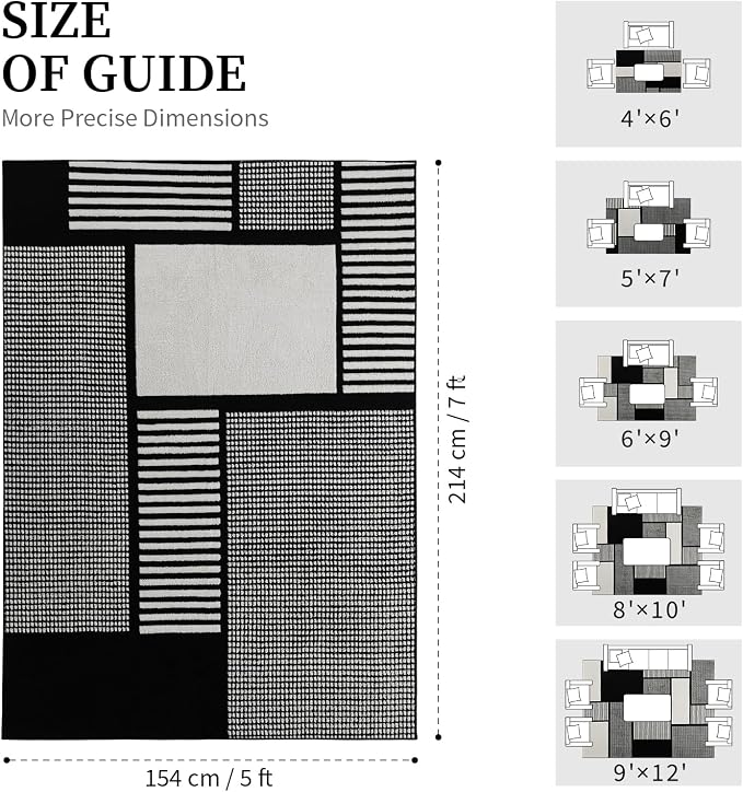 5x7 Black and White Area Rug, Washable Non Slip Living Room Carpet | Stain-resistant Low-pile Black and White Geometric Rug, Abstract Patchwork Carpet for Living Room Bedroom and Dining Room