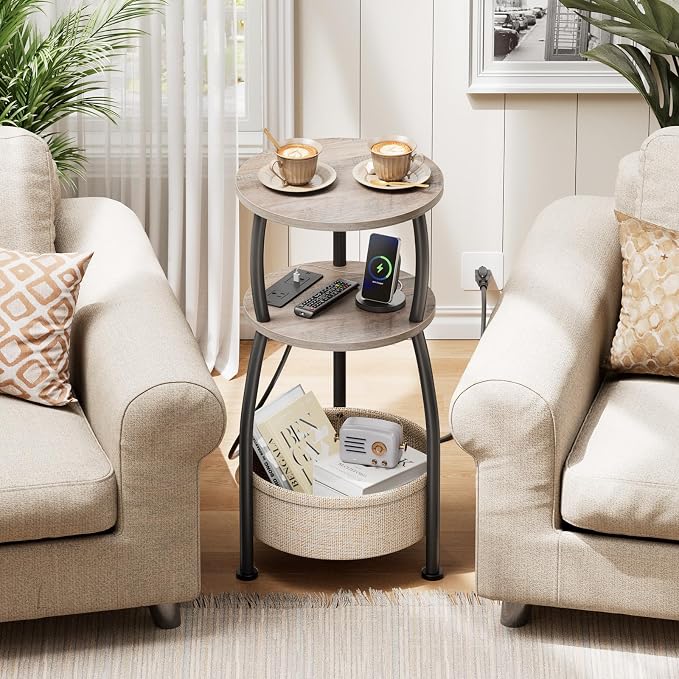 Small Side Table with Charging Station, Round End Table with Basket, USB Port and Outlet, 3 Tiers Sofa Couch Table Bedside Table for Living Room Bedroom, Small Spaces, 11.81in Greige