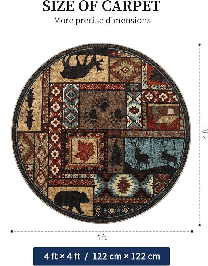 YIHOUSE Rustic Round Rug 4ft, Washable Circle Rug with Non-Slip Backing, Low Pile Soft Western Cabin Rugs for Living Room, Bedroom