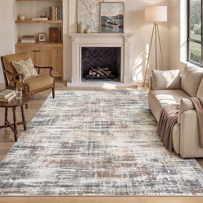 UERMEI 6x9 Area Rug for Living Room Washable Abstract Grey/Rust/Brown | Low Pile Non-Slip Soft Neutral Modern Carpet Kid Pet Friendly Large Rugs For Bedroom Dining Room Nursery Office Indoor Decor