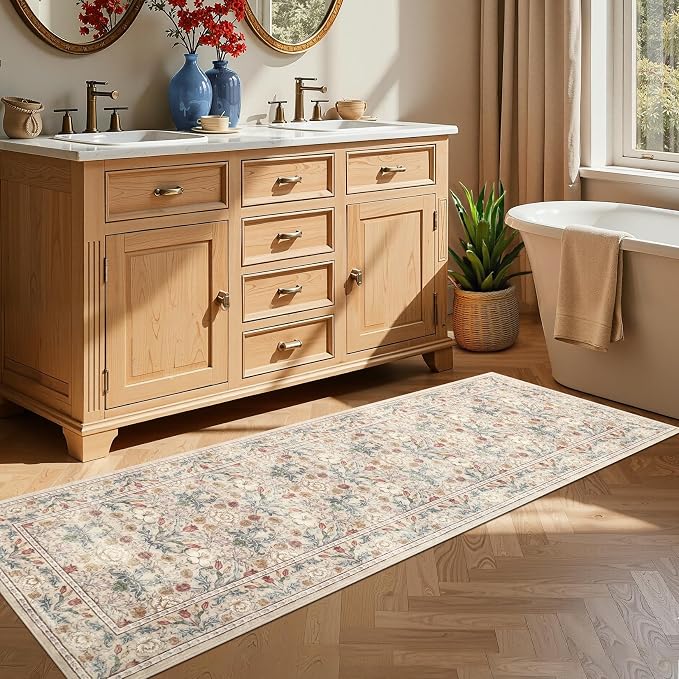 GarveeHome Washable Runner Rug 2x6, Non Slip Floral Kitchen Runner for Hallway Entryway Beige Laundry Bathroom Mat Farmhouse Thin Stain Resistant Carpet for Bedroom Beside Rug