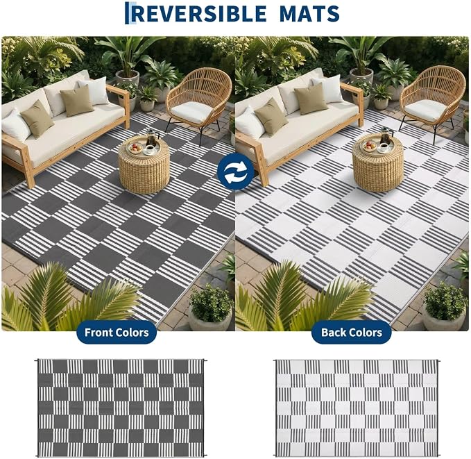 Garvee Waterproof Outdoor Rug 10x14, Checkered Foldable Plastic Straw Patio Camping Rug, Outdoor RV Carpet for Deck Camper Porch Balcony Backyard Picnic Beach Gray and White