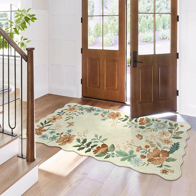 Lahome Floral Entryway Rug, 2x4 Washable Kitchen Rugs Non Slip Ultra-Thin | Front Door Mat Indoor Entrance Stain Resistant Boho Low-Pile Carpet for Entry Bathroom Bedroom Flore (2x4ft, Beige)