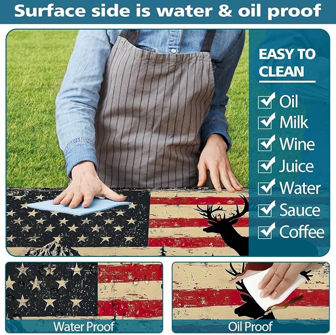 Picnic Table Cover with Bench Covers Elastic Edges, Rustic Farmhouse American Flag Camper Fitted Table Cover, Outdoor Camping Essentials, Waterproof Camping Tablecloth with Drawstring Bag, 72In 3PCS
