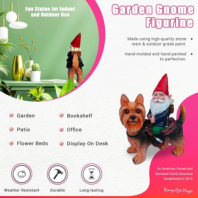 Funny Guy Mugs Gnome Riding A Yorkshire Terrior Statue - Indoor or Outdoor Garden Gnome Sculpture for Patio, Yard or Lawn - Yorkie Statue
