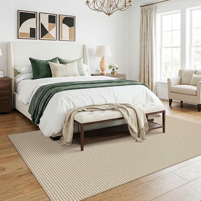 KOZYFLY Washable 5x7 Living Room Rug, Non Slip Woven Area Rugs, Braided Floor Carpet for Entryway, Kitchen, Bedroom, Dining Room, Office, Cotton Rug Indoor Decor, Ivory/Camel/Brown