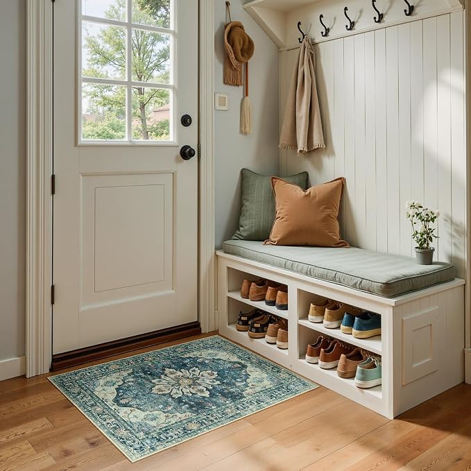 RELEANY Washable Area Rug, Small 2'x3', Blue/Vintage Dark Blue | Non-Slip, Water Repellent, Pet Friendly, Easy to Clean, Vintage Floral Boho Decor for Kitchen Entryway Bathroom