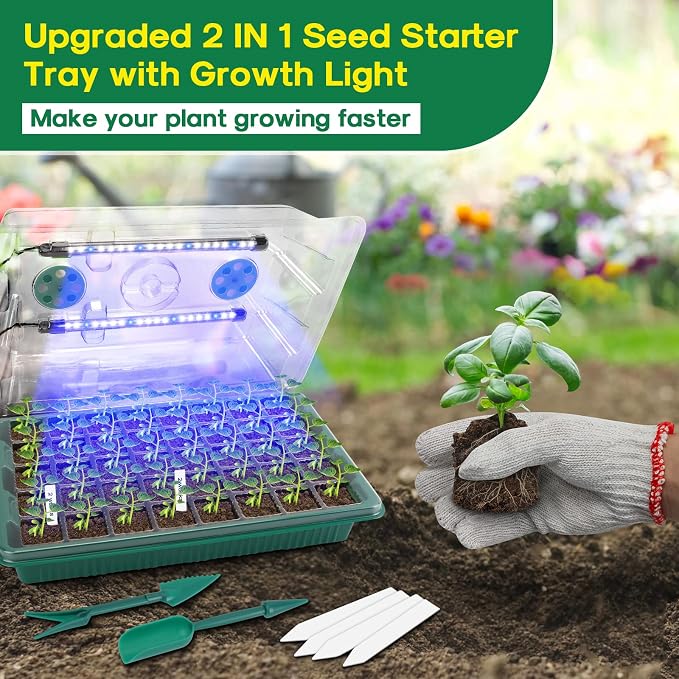 BlumWay Seed Starter Tray with Grow Light,2 Pack 80 Cells Seedling Tray Kit with Humidity Dome/Indoor Plant Starter Kit, Adjustable Brightness Plant Germination Trays-Green