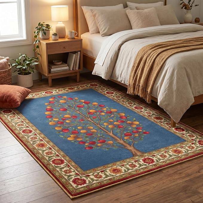 9CH Vintage Traditional Area Rug 5x7, Washable Oriental Capet Soft Non Slip Blue Red Tree of Life Rugs for Living Room Bedroom Home