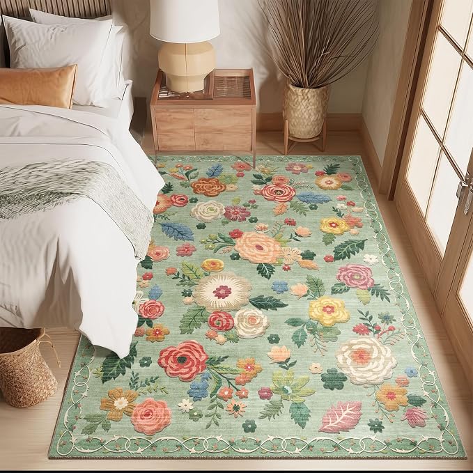 4x6 Bedroom Area Rug Washable: Throw Rugs for Living Room Floral Green Rug Non Slip Low Pile Faux Wool Non Shedding Small Carpet for Kitchen Entryway Bedside Home Office Dorm Kids Room Entrance Entry