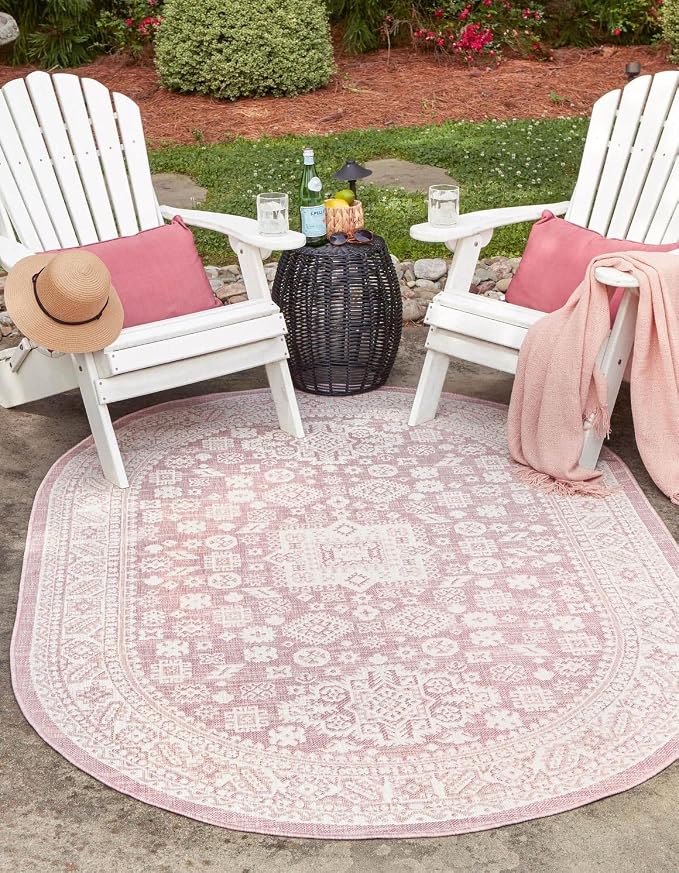 Unique Loom Outdoor Aztec Collection Area Rug - Chalca (7' 10" x 10' Oval, Pink/ Ivory)
