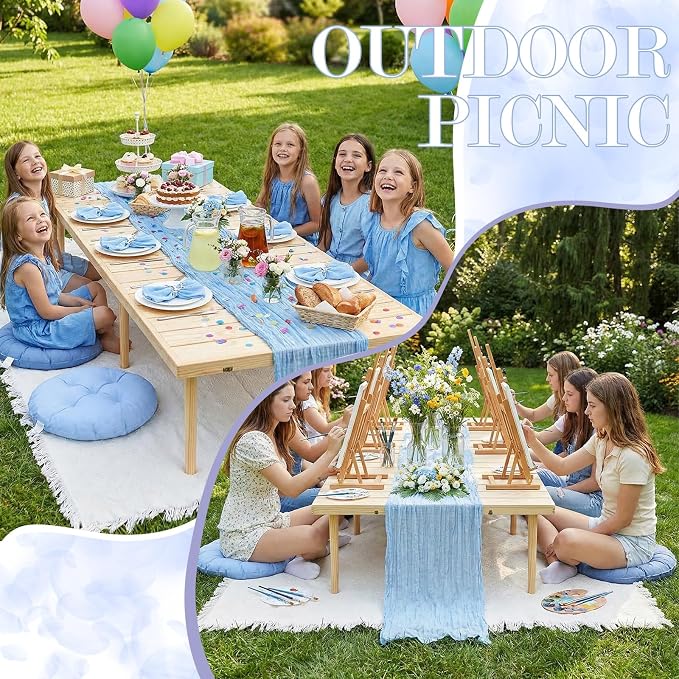 Beeveer 91 x 71'' Extra Large Outdoor Picnic Blanket with Blue Picnics Table Runner 6 Napkins and 6 Blue Floor Pillows Cushions for Picnic Party Camping Wedding Bachelorette Birthday Baby Shower Decor