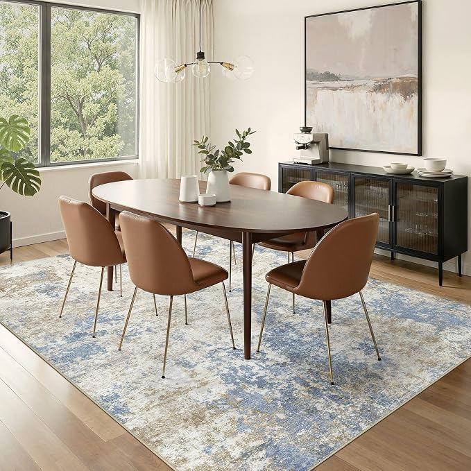 Nakagishi 6X9 Abstract Washable Area Rugs for Living Room-Blue Brown | Modern Non-Slip Silicone Backing Low Pile Soft Carpet for Bedroom Dining Decor for Families with Kids and Pets