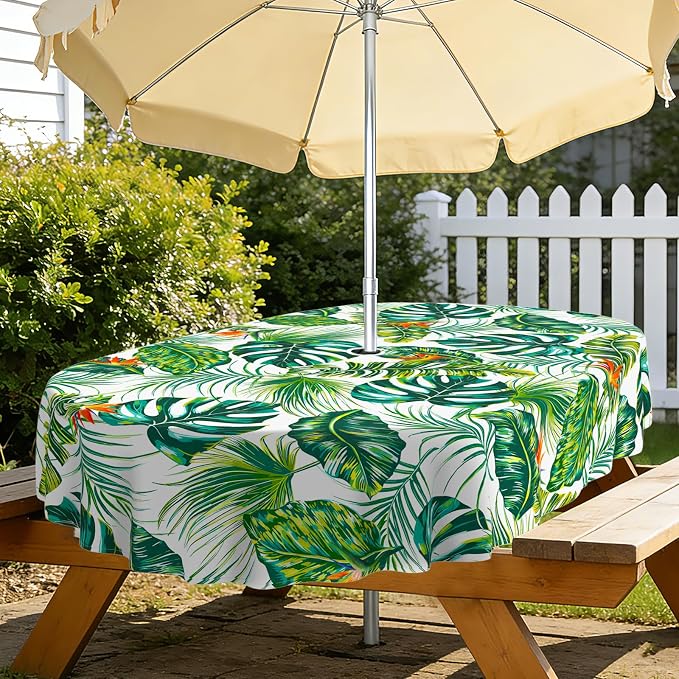 Green Leaves Outdoor Oval Tablecloth with Umbrella Hole 60" x 120" Waterproof Zipper Table Cloth for Patio Table - Ideal Tablecloths for Picnics, Camping, and Yard Use