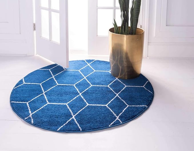 Unique Loom Trellis Frieze Collection Area Rug - Geometric (3' Round, Navy Blue/ Ivory)