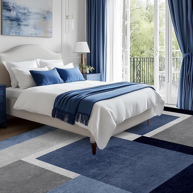 Washable Low-Profile Geometric Area Rug, 0.2 inch Thin Abstract Rug Design for Living Room & Bedroom Decor, 9x12 ft Blue Grey Modern Non-Slip Floor Rug