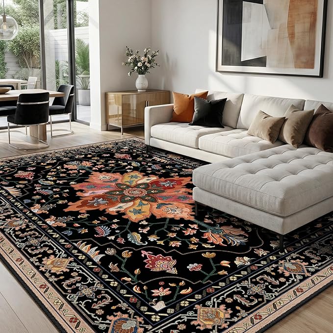 RELEANY Washable Area Rug, 8'x10', Black/Colorful | Non-Slip, Water Repellent, Pet Friendly, Easy to Clean, Vintage Floral Boho Decor for Living Room Bedroom Dining Room