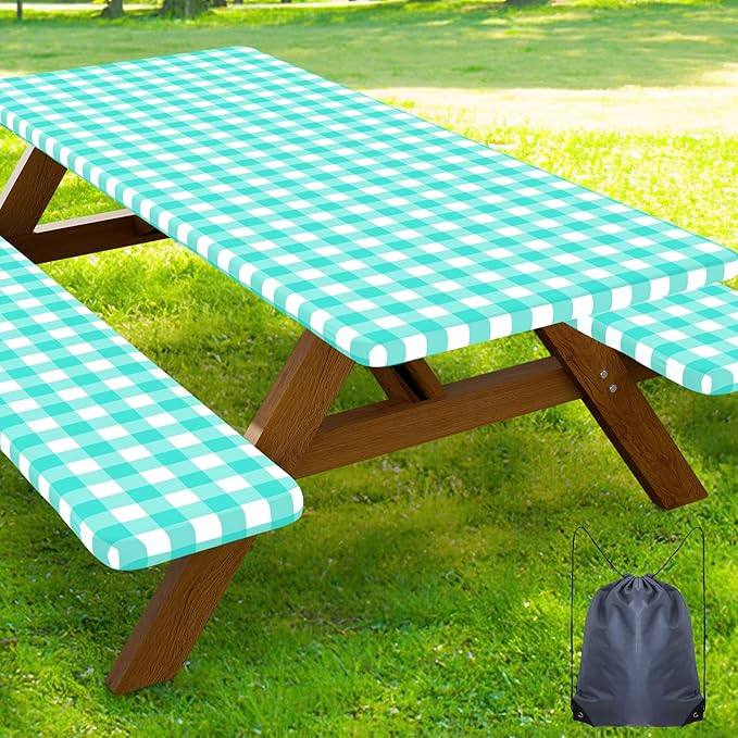 Smiry Picnic Table Cover with Bench Covers, Waterproof Elastic Fitted Tablecloths for 8 Foot Rectangle Tables, Washable Buffalo Plaid Tablecloth for Camping, Outdoor (Teal & White, 30"x72")