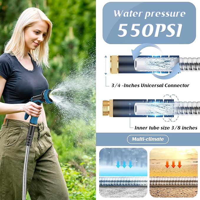 Garden Hose 100FT with 10 Function Nozzle, Water Hose with Leak-proof Connectors No-Kink Lightweight Puncture-proof Pet-proof Sturdy Hose for Outdoor Yard（Light Silver）