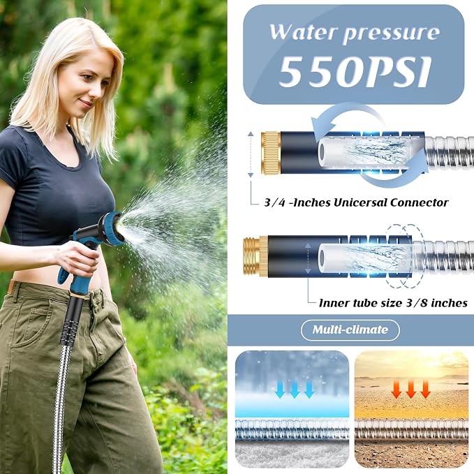 Garden Hose 50FT, Water Hose with 10 Function Nozzle, Garden Hose with Leak-proof Connectors, No-Kink, Lightweight, Puncture-proof,550PSI, Hose for Outdoor, Yard