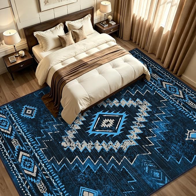 Yinhua Western 9x12 Area Rug for Living Room, Aztec Washable Rugs Non-Slip | Navy Blue Large Rug Low-Pile, Soft Non-Shedding Carpet for Dining Room Nursery Office