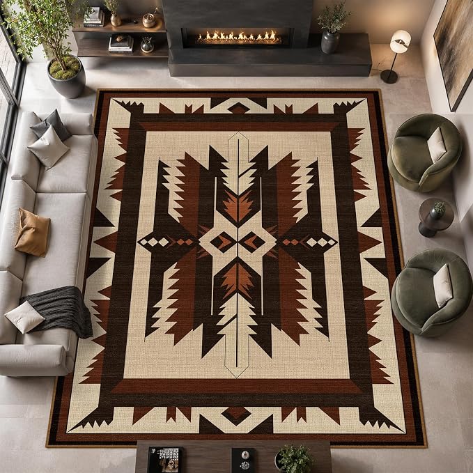 9x12 Western Aztec Area Rug for Living Room Bedroom Southwestern Rustic Large Rug Machine Washable Non-Slip Carpet for Dining Room Office