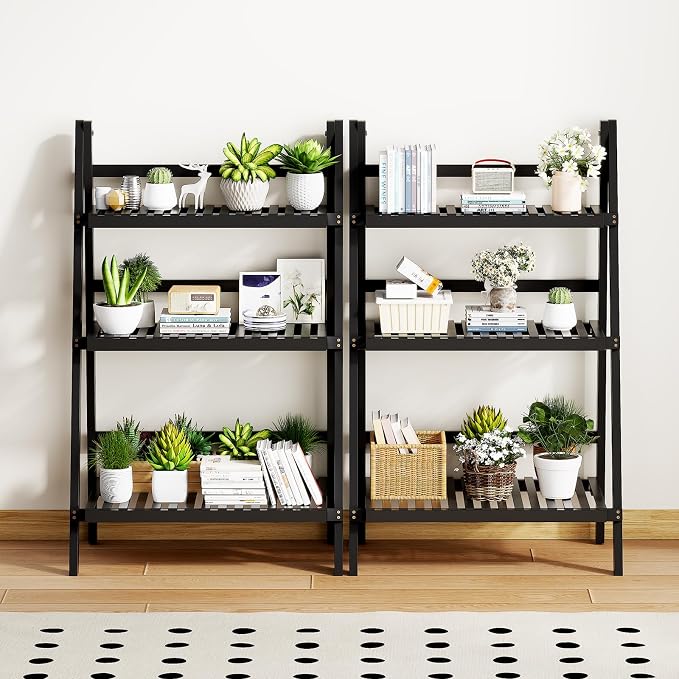 oakvivo 39.4" Foldable Plant Shelf Ladder Shelf, 3 Tier Bamboo Ladder Flower Pot Display Shelf, Freestanding Ladder Bookshelf for Garden, Balcony, Yard, Living Room, 23.6" W x 15" D x 39.4" H, Black