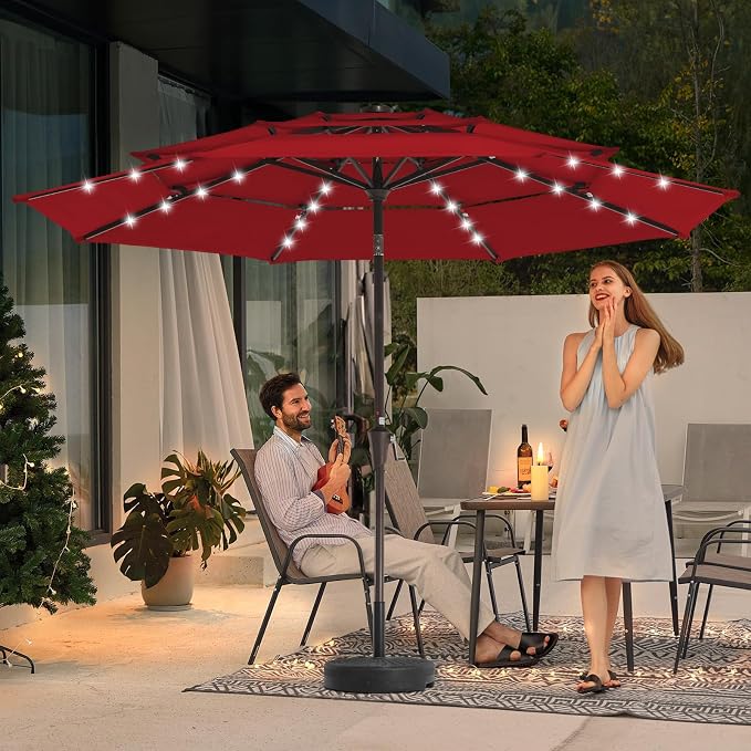 JEAREY 3 Tiers Patio Umbrella with Solar Lights 9ft Outdoor Market Table Umbrellas with Push Button Tilt for Outside Pool Garden, Red