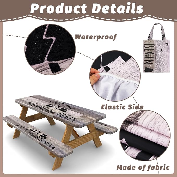 Picnic Table Cover with Bench Covers Elastic Edges Camping Essentials 4 Pcs Wood Grain Brown Waterproof Oil-Proof Tablecloth with Handbag for RV Accessories Farmhouse Camping Rustic Party Decor 72 IN
