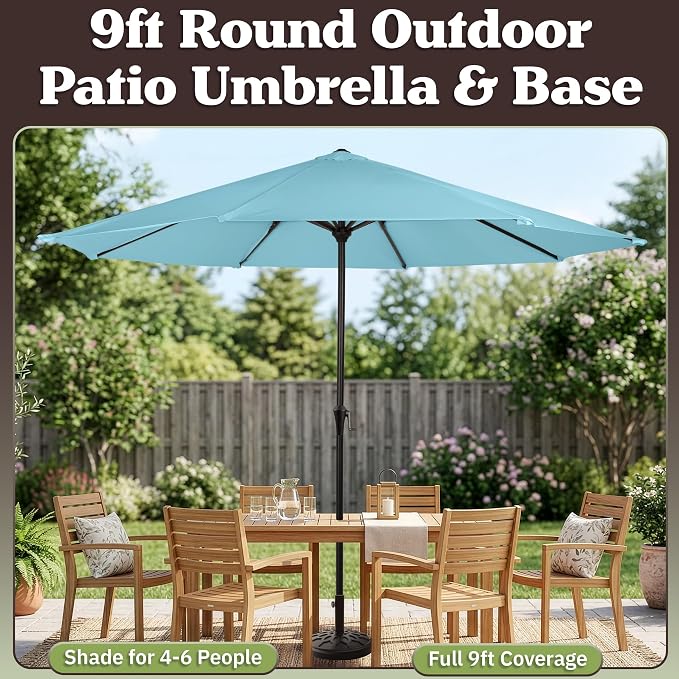 Pure Garden 9FT Round Patio Umbrella with 19lb Weighted Base - Easy Crank, Vented Canopy Outdoor Umbrella for Shade - For Deck, Balcony, Porch, Backyard, or Pool (Lake Blue)