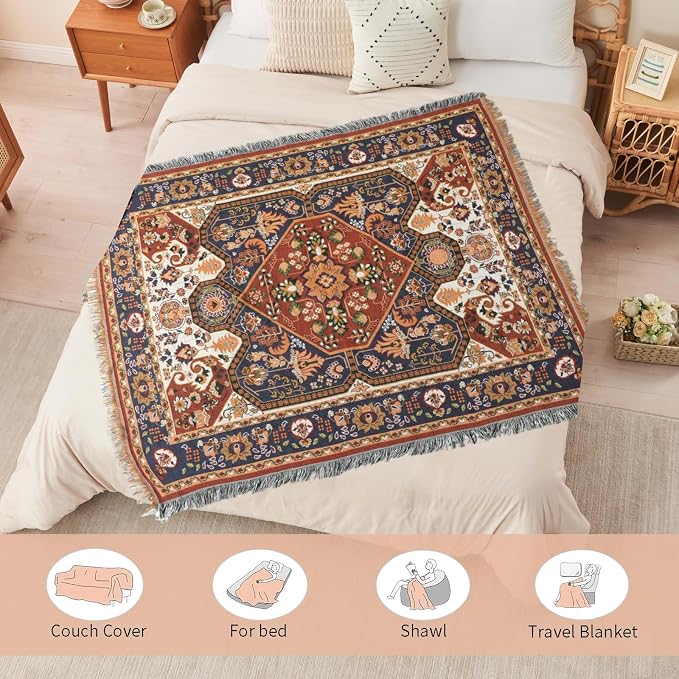 Boho Throw Blanket Reversible Cotton Bohemian Tapestry Hippie Room Decor Outdoor Blanket Double Sided (Boho Patten 50"x60")