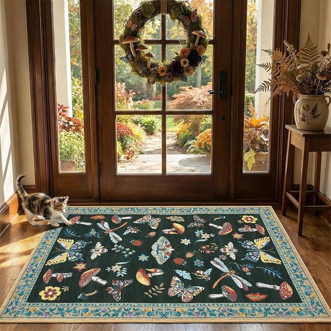 ROYHOME Mushroom Insect Washable 2x3 Rug for Entryway Door Mat Black | Kitchen Bathroom Bedroom Small Bug Moth Cute Funky Cottage Core Whimsical Boy Rugs Low-Pile Non-Slip TPE Backing