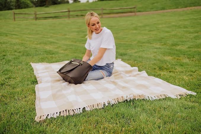 Picnic TIME Montecito Picnic Blanket with Harness, Large 60" x 70" Outdoor Blanket, Woven Cotton Top with Water-Resistant Poly Duck Backing, Sandproof Beach Mat for Camping & Travel (Beige Gingham)