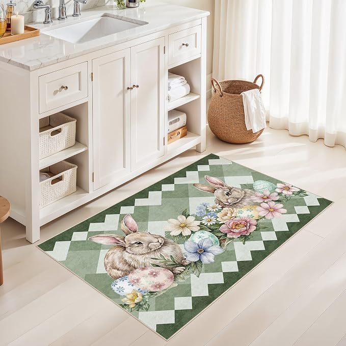 cotiled Area Rug for Living Room, Washable Non-Slip Large Area Rug, Indoor Floor Carpet Low Pile Soft Boho Farmhouse Rug for Bedroom Dining Room Green 3x5