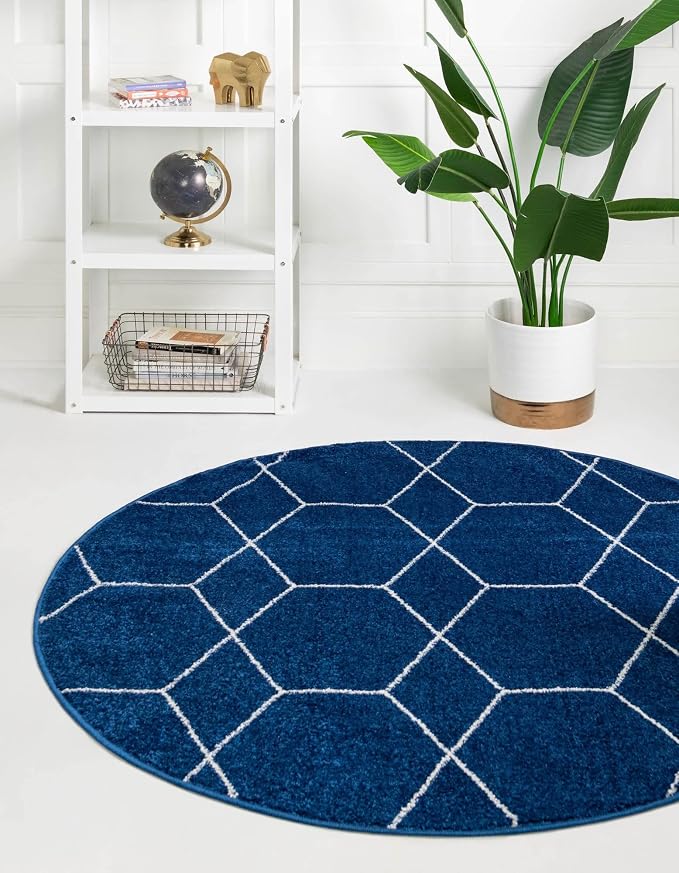 Unique Loom Trellis Frieze Collection Area Rug - Geometric (3' Round, Navy Blue/ Ivory)