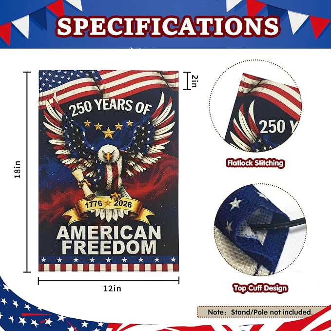 Lighted 250th Anniversary USA Garden Flag for Outside, Solar Led Double-sided Patriotic Banner with 1776-2026 250 Years of American Freedom Design for Independence Day, July 4th Decor (LED USA Eagle, 12 x 18 Inch)