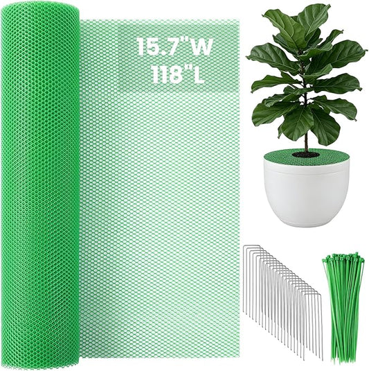 Plant Pot Grid Set, 15.7" W x 118" L Indoor Plant Protector from Cats, Cuttable Pot Soil Cover Protector from Animals with Stakes & Zip Ties for Garden Balcony, Fits Different Pot Sizes(Green)