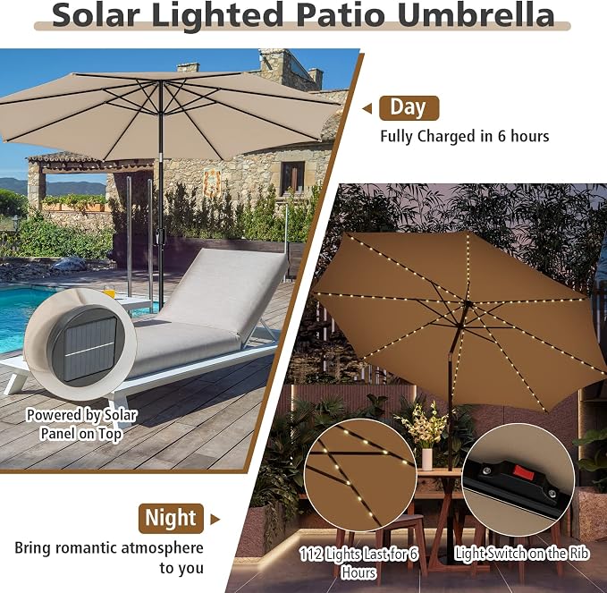 HAPPYGRILL 10 FT Solar Patio Umbrella with 112 LED Light, Outdoor Umbrella with Tilt Adjustment, Crank System, 8 Metal Ribs & Vented Top, Deck Table Market Umbrella for Garden Pool Deck Yard
