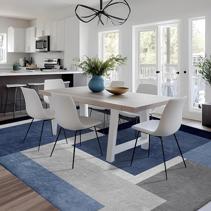 Washable Low-Profile Geometric Area Rug, 0.2 inch Thin Abstract Rug Design for Living Room & Bedroom Decor, 6x9 ft Blue Grey Modern Non-Slip Floor Rug