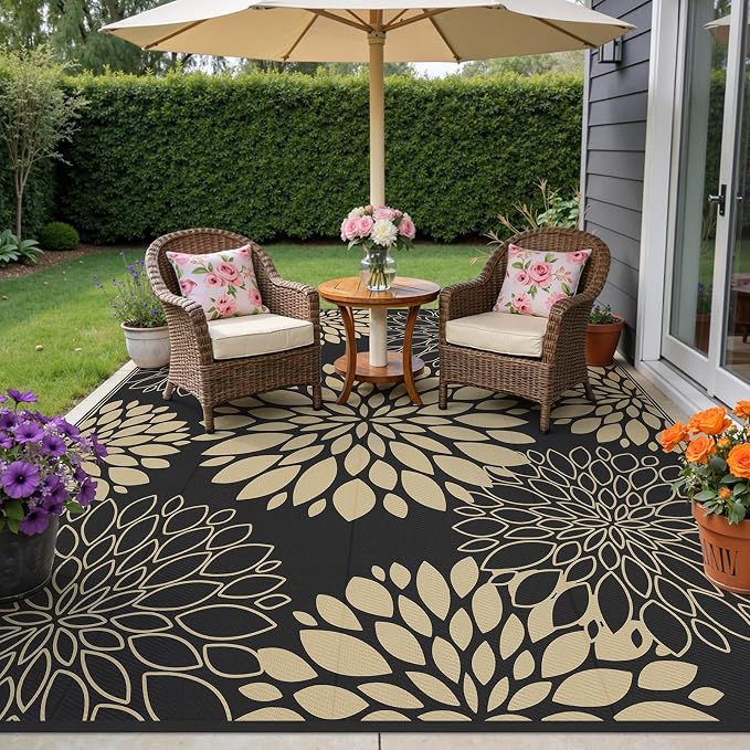 Ileading Waterproof Outdoor Rug 8x10, Reversible Plastic Straw Patio Rug, Portable Indoor Outdoor RV Camping Mat Carpet for Deck, Porch, Balcony, Backyard, Picnic, Floral Black