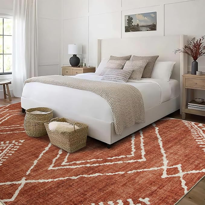 Machine Washable Area Rug - Living Room Bedroom Bathroom Kitchen Entryway Office - Padded Low Pile Stain Resistant Premium - Moroccan Diamond Tribal - Jax - Orange 5' x 7'