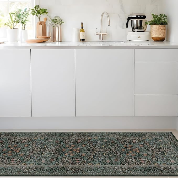 Dark Green 2x7 Long Washable Runner Rug Non Slip, Throw Rugs Runners for Kitchen Hallways Entryway Bathroom Laundry Room, Floor Mat Vintage Floral Carpet Low Pile Stain Resistant