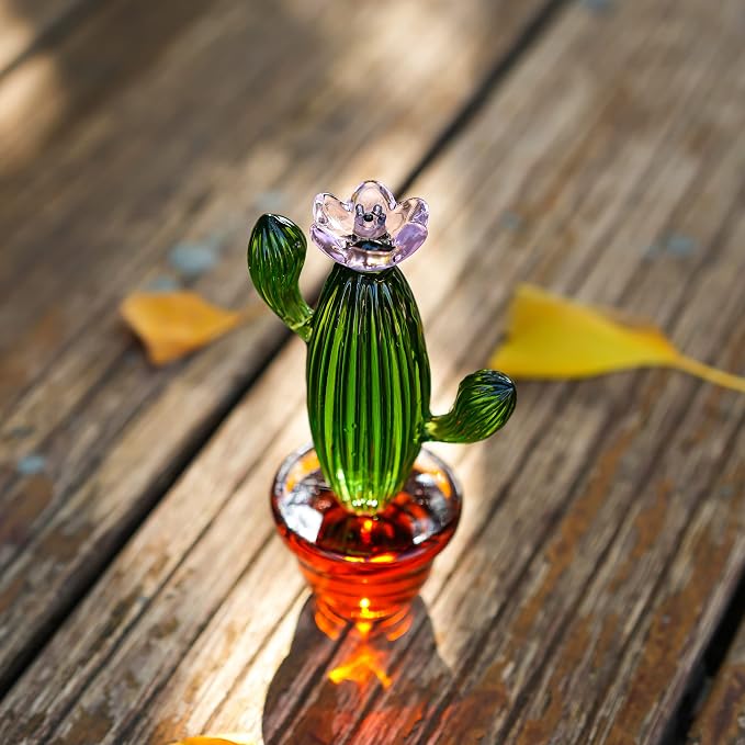 6pcs Hand-Blown Glass Ornaments Hanging Glass Gazing Balls and 4.3inch Handmade Blown Glass Art Cactus Figurine