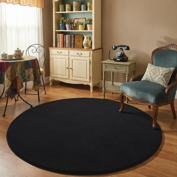 Amearea Black Round Area Rugs 4ft Circle Rugs for Bedroom Living Room | Washable Fluffy Indoor Thickened Memory Foam Rug, Non Slip Minimalist Circular Carpet for Boys Girls Dorm Nursery Room Decor