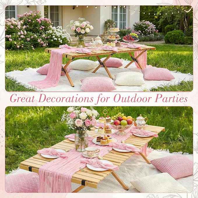 91 x 71 Extra Large Outdoor Boho White Picnic Blanket with Pink Table Runner, 6 Napkins and 6 Throw Pillow Covers Table Decor for Beach Picnic Camp Wedding Party Birthday Baby Shower