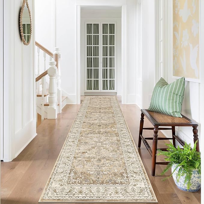 U'Artlines 2' x 8' Boho Hallway Runner Rug Non Slip Runners,Cream Tan | Washable, Vintage Farmhouse Kitchen Rug Accent Area Carpet for Entryway Laundry and Living Room