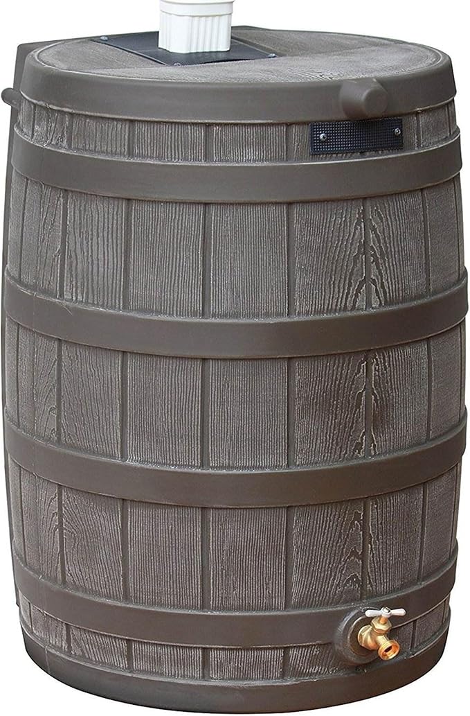 Good Ideas Rain Wizard Water Collection Plastic Barrel Tank System, 50 Gallon, Oak - Portable Outdoor Rainwater Catcher and Storage Drum with Robust Metal Spigot and Fine Mesh Screen